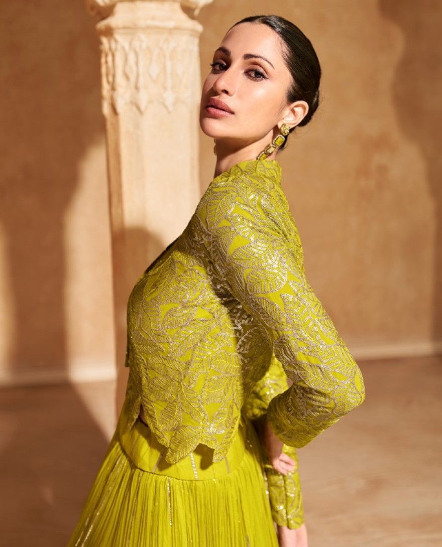 5605 - Green Designer Indo Western Party Wear Lehenga Choli REAL PREMIUM CHINON SILK / VISCOS JACQUARD SKIRT